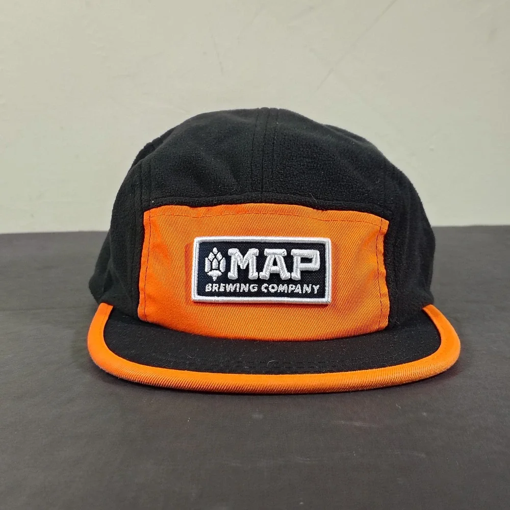 Map Brewing Hat Cap Strapback Black Orange Fleece Gorpcore Bozeman Montana Panel